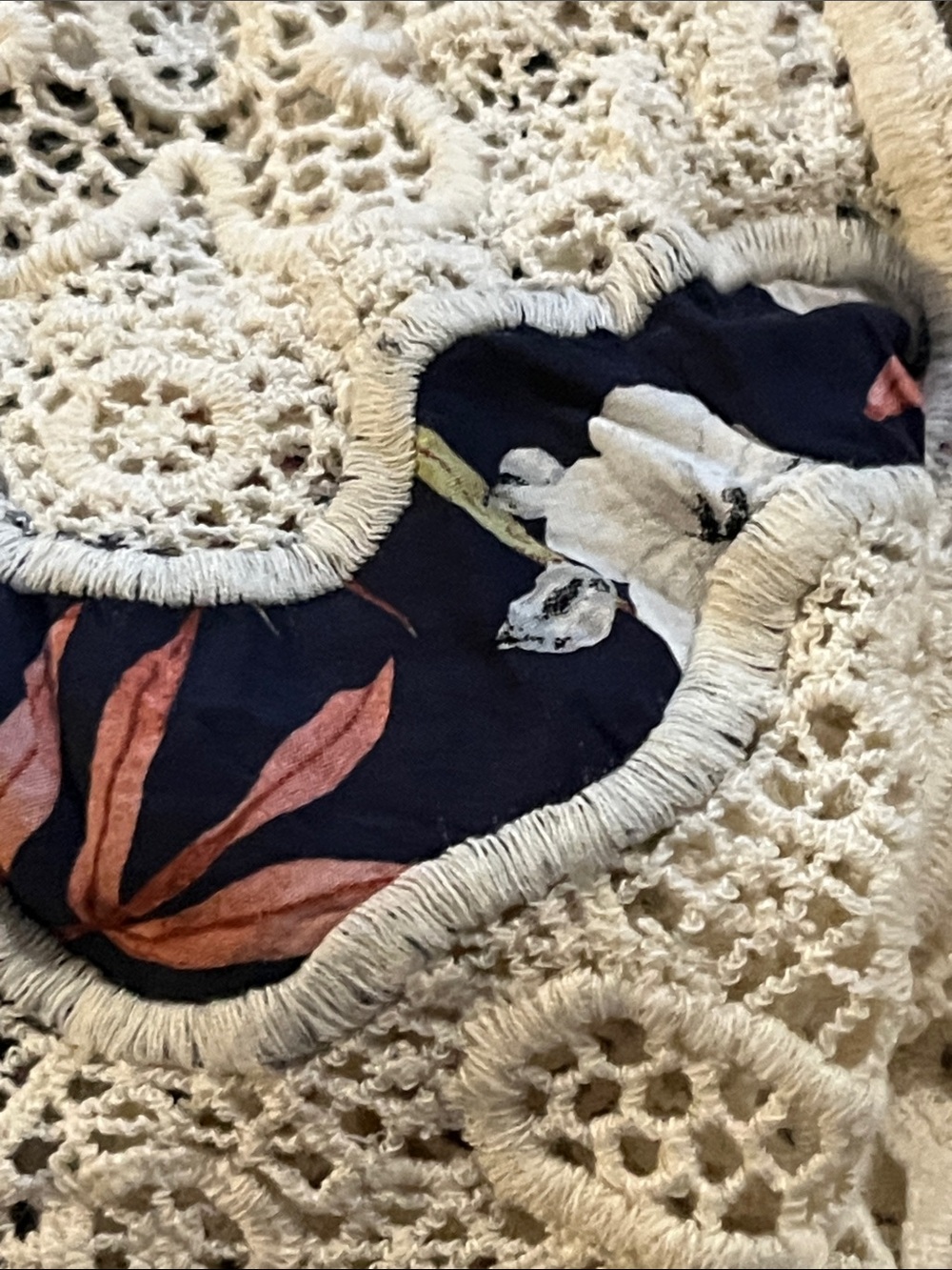 Crochet-Trim Open Front Cardigan Jacket - Navy, Cream & Coral - Picture 8 of 8
